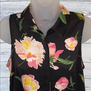 Adrianna Papell Black Button Down Sleeveless Collared Floral  Swing Dress Sz 6
